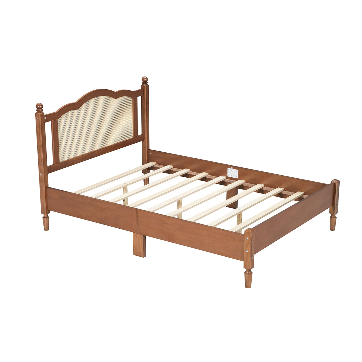 Roomfitters Full Size Wooden Platform Bed with Natural Rattan Headboard, Durable Vintage Bed Frame with Sturdy Wooden Slat Support for Rustic Sophistication, Walnut