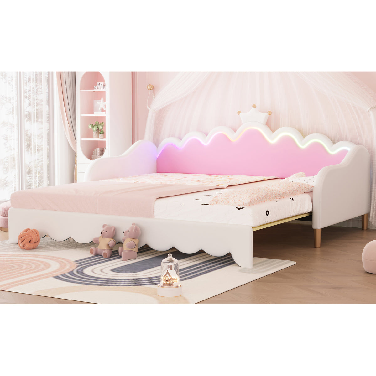 variant-group:rf-n733hl000104aak|Roomfitters Twin Extending Daybed with Lights, Modern Upholstered Princess Daybed with Crown Headboard, Sophisticated and Functional Design, White