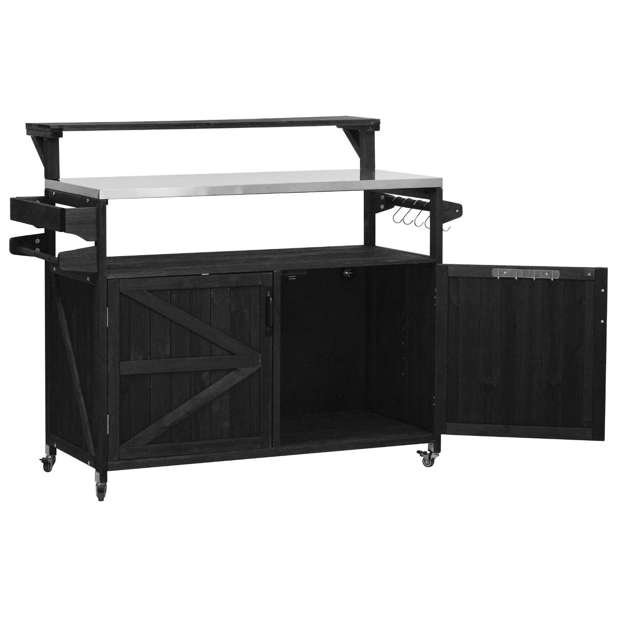 Roomfitters 56.5" Grill Cart, Outdoor Kitchen Island with Stainless Steel Top and Storage Cabinet, BBQ Prep Station, Black