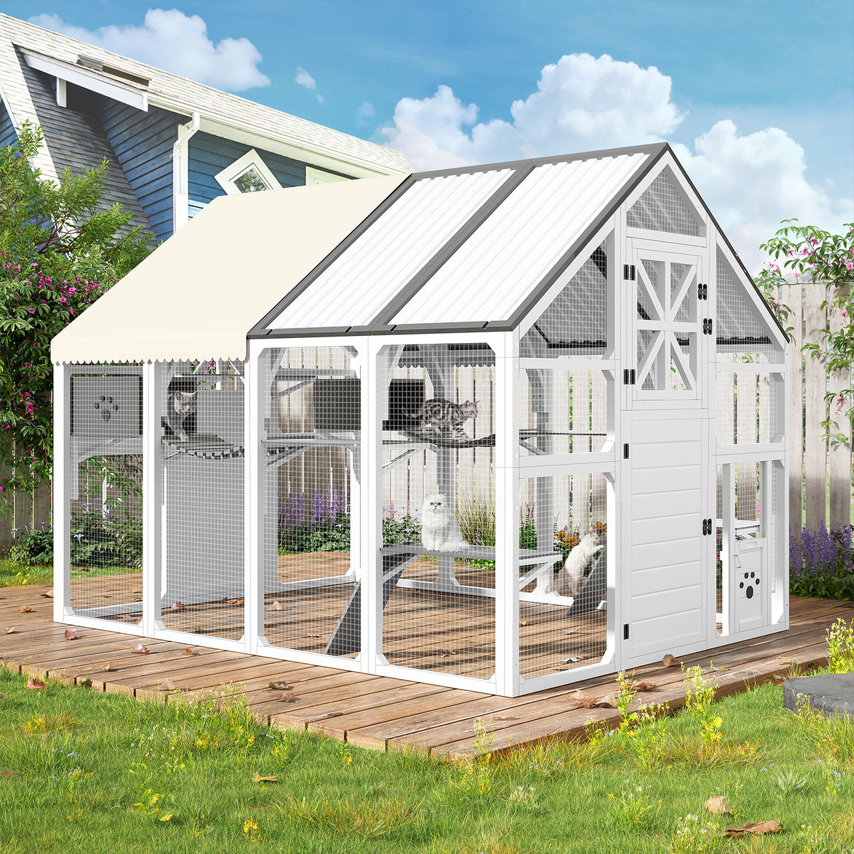 variant-group:rf-n704g201619e|Roomfitters Large Outdoor Cat House with Detachable Planter Stand and Scratching Posts Gray