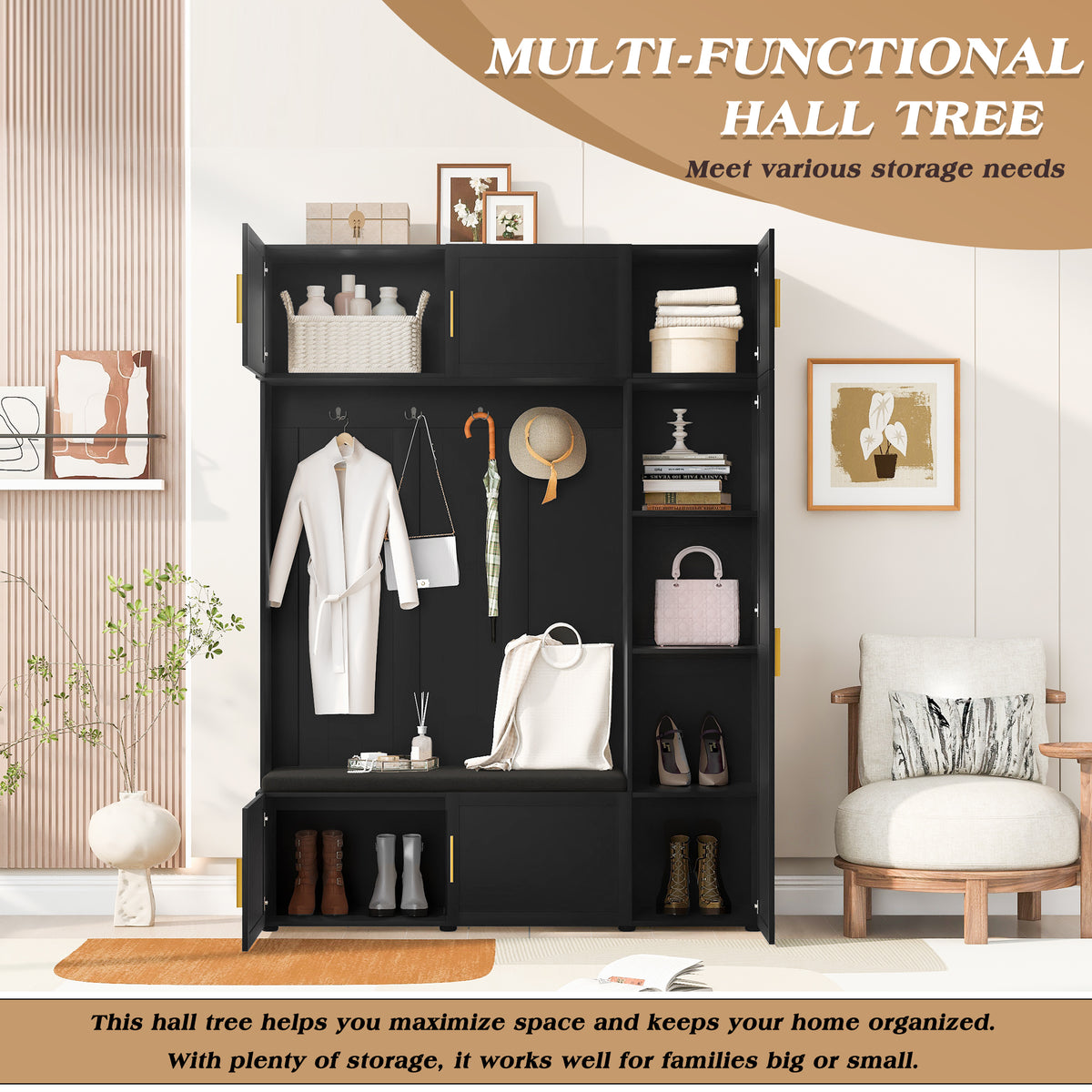 variant-group:rf-n724sj000166aab|Roomfitters American Style 4-in-1 Hall Tree, Upholstered Entryway Bench, Antique Black