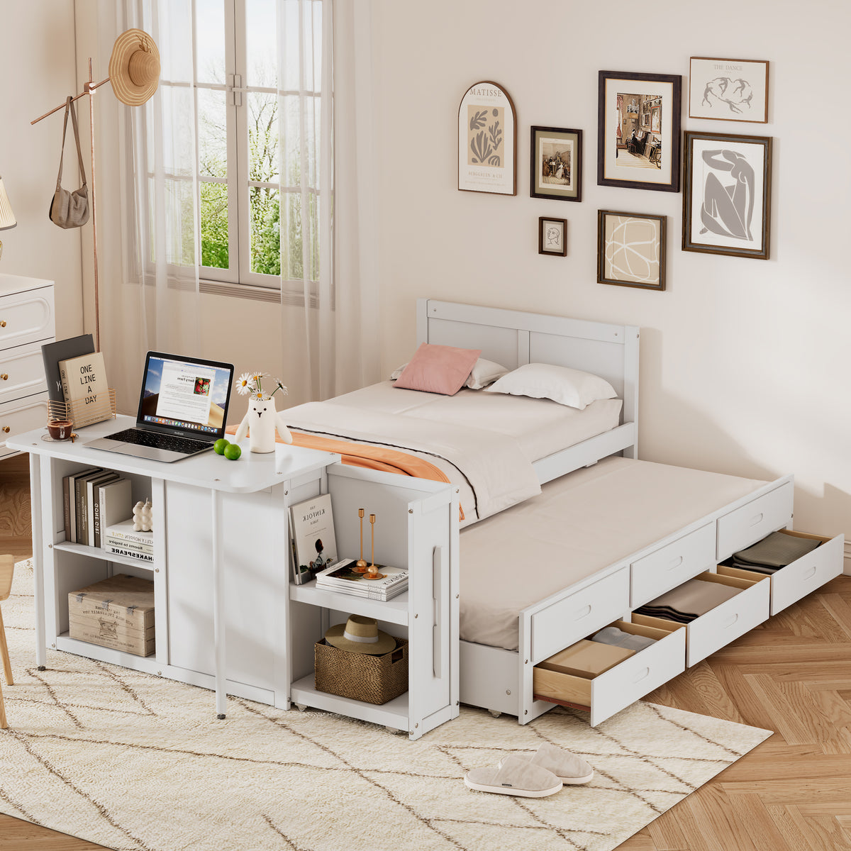 variant-group:rf-n733s212832k|Roomfitters Twin Size Multifunctional Wood Platform Bed with Desk and Storage Shelf, Built-in Trundle and Storage, White