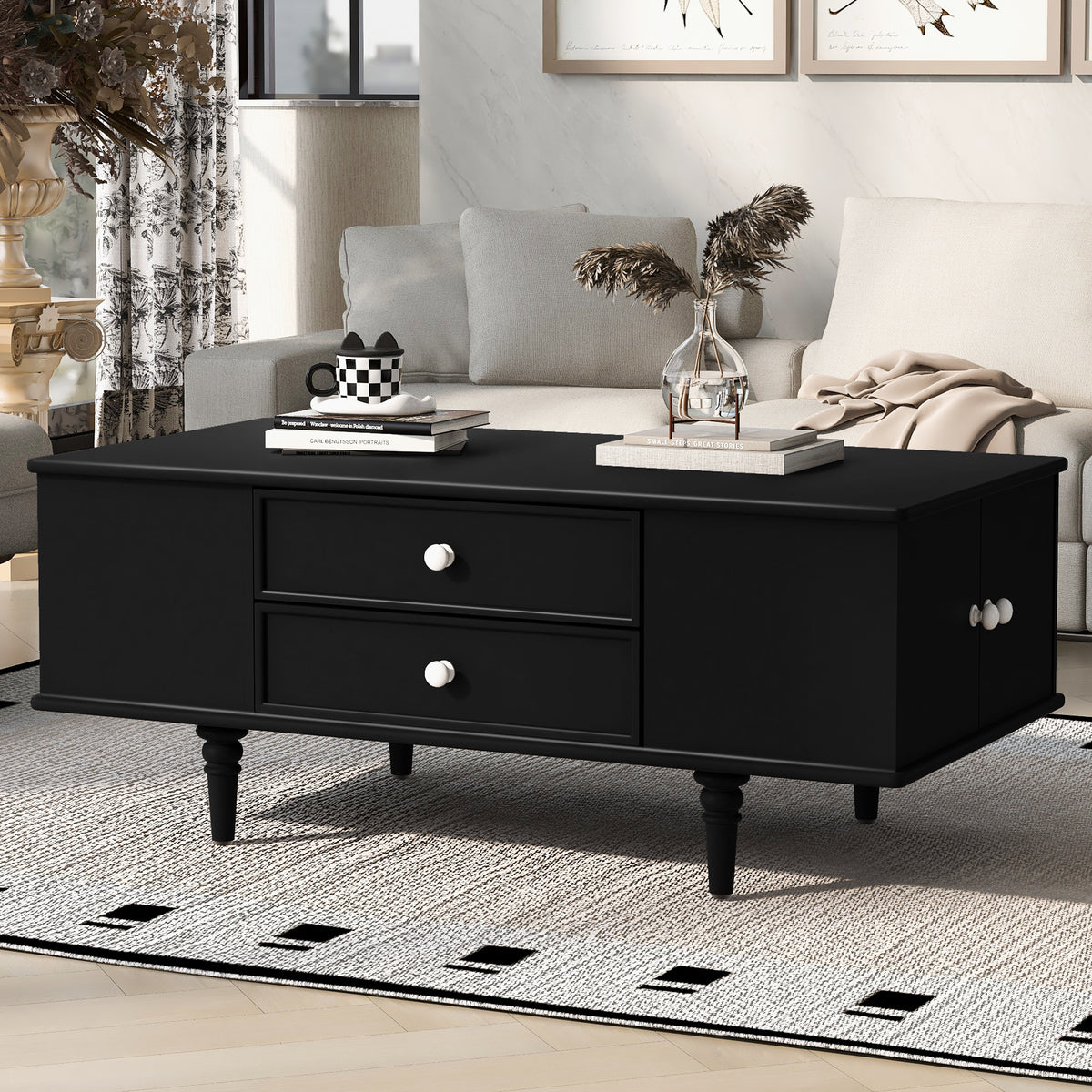 variant-group:rf-n724p286418b|Roomfitters Modern Rectangle Coffee Table with 4 Drawers and Hidden Side Storage, Solid Wood Legs, Black