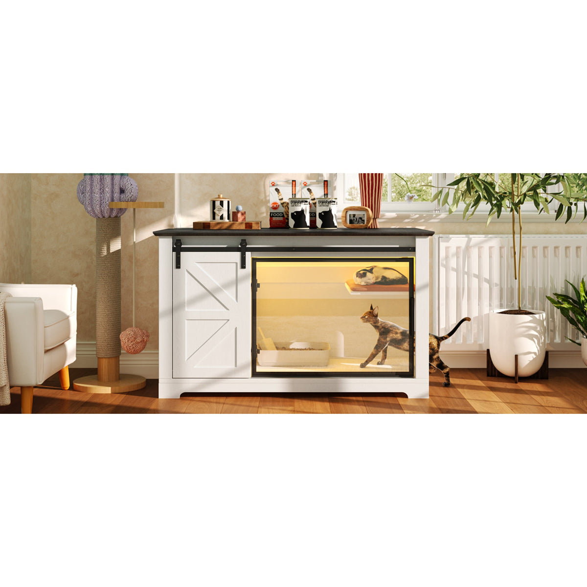 Roomfitters 46-Inch Farmhouse Cat Litter Box Enclosure Hidden Cabinet Nightstand with Sliding Barn Door White Roomfitters