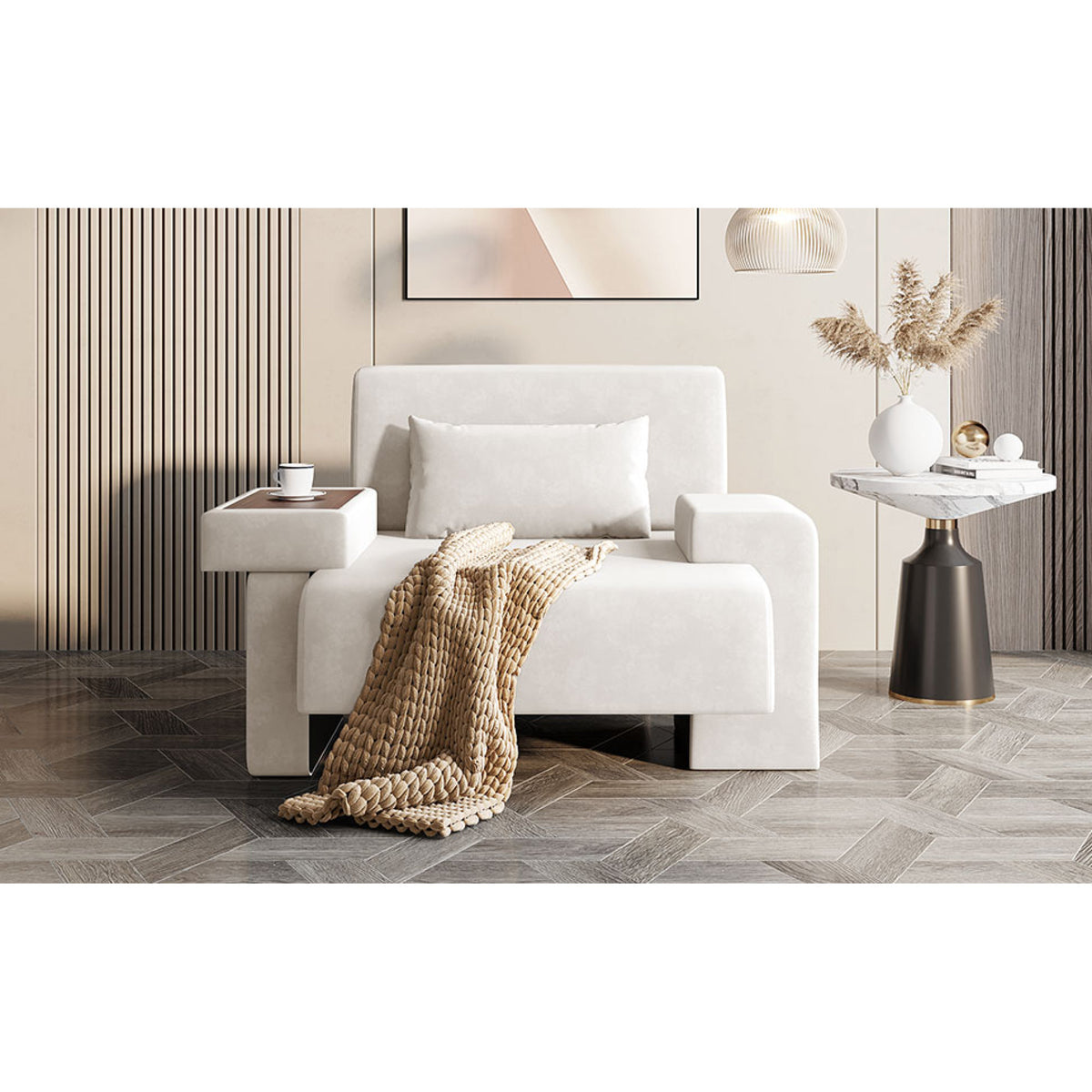 variant-group:rf-n724sj000130aaa|Roomfitters Oversized Mid-Century Armchair 48” Wide with Soft Cushion and Wood Frame, Lounge Reading Chair, Beige