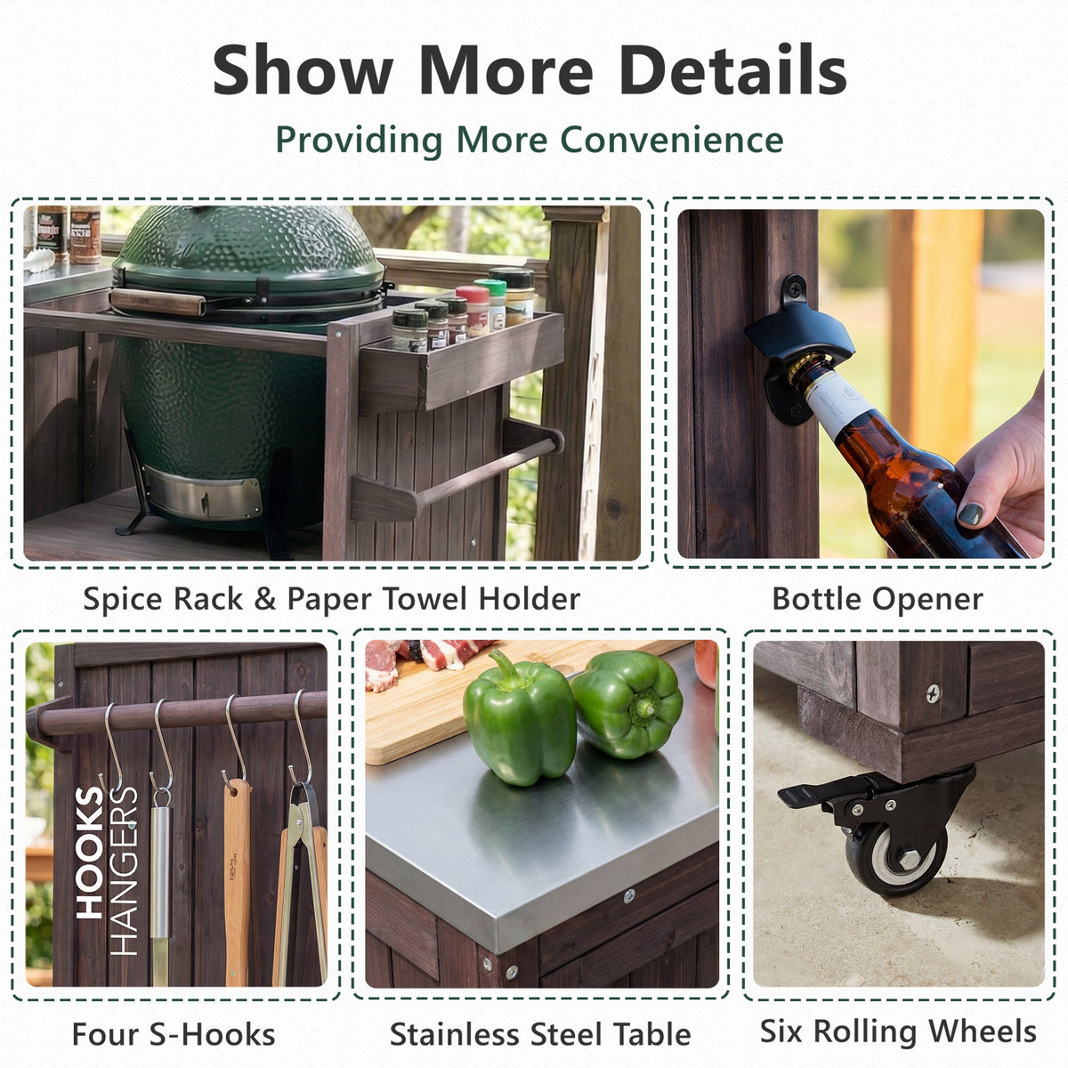 variant-group:rf-n707p392140z|Roomfitters 80.5" Extra Large Grill Cart, Outdoor Kitchen Prep Station with Stainless Steel Top & Kamado Grill Stand, Dark Brown