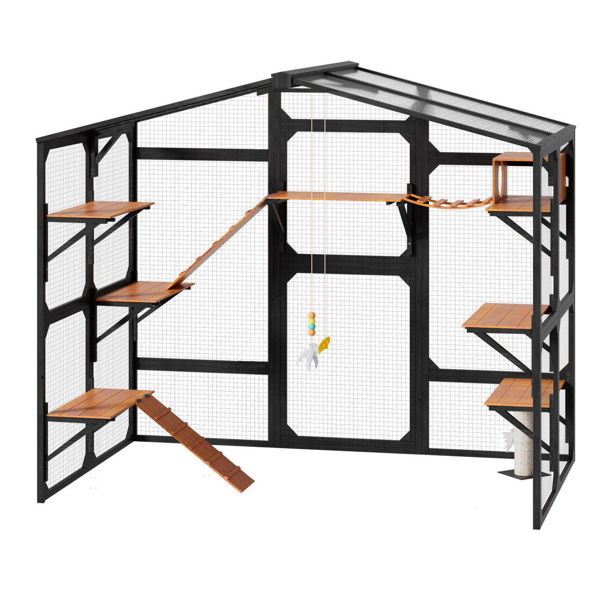 variant-group:rf-n704g201620b|Roomfitters Extra Large Wood Catio Cat Cage Outdoor Kennel with Transparent Sunroof and Dual Storage Shelves Black