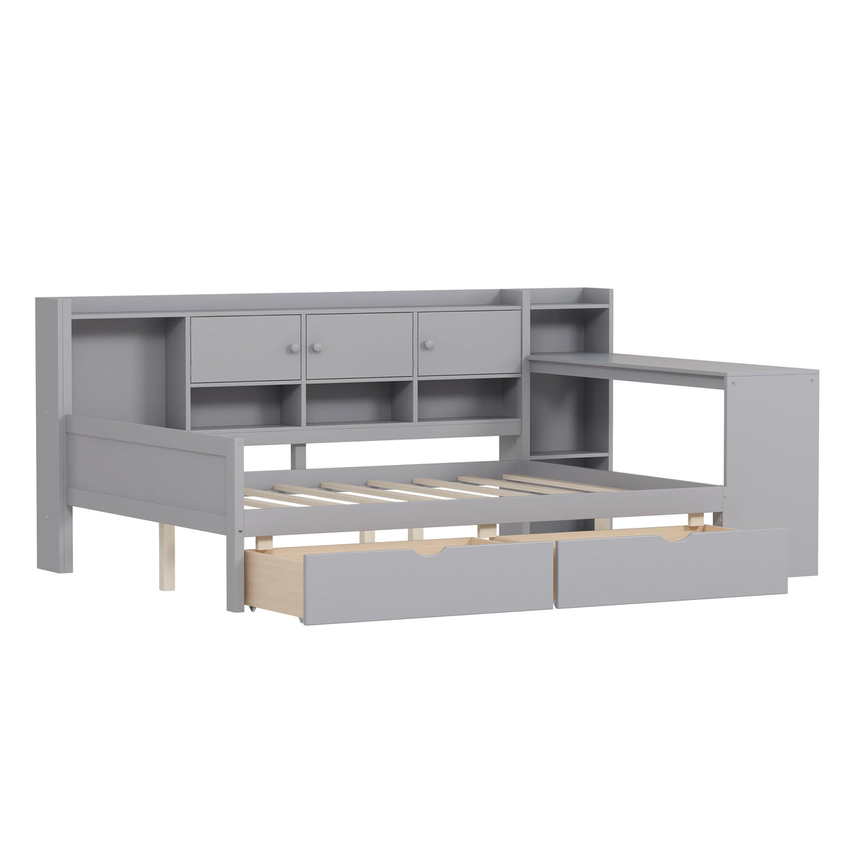 Roomfitters Wooden L-Shape Daybed with Storage Cabinets, Study Desk, Built-In Bookshelf, Space-Saving Platform Bed, Gray