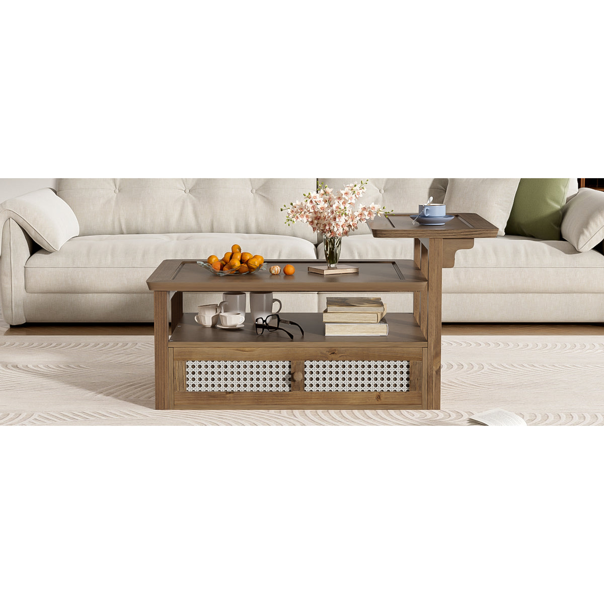 variant-group:rf-n724p232190d|Roomfitters Modern Coffee Table with Open Shelf, Dual Tabletops and Rattan Accent Storage, Walnut