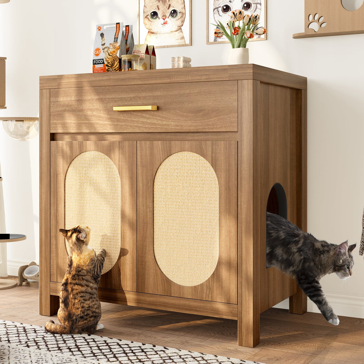Roomfitters Espresso Cat Litter Box Enclosure End Table Nightstand with Sisal Scratching Pad Cabinet Doors Roomfitters