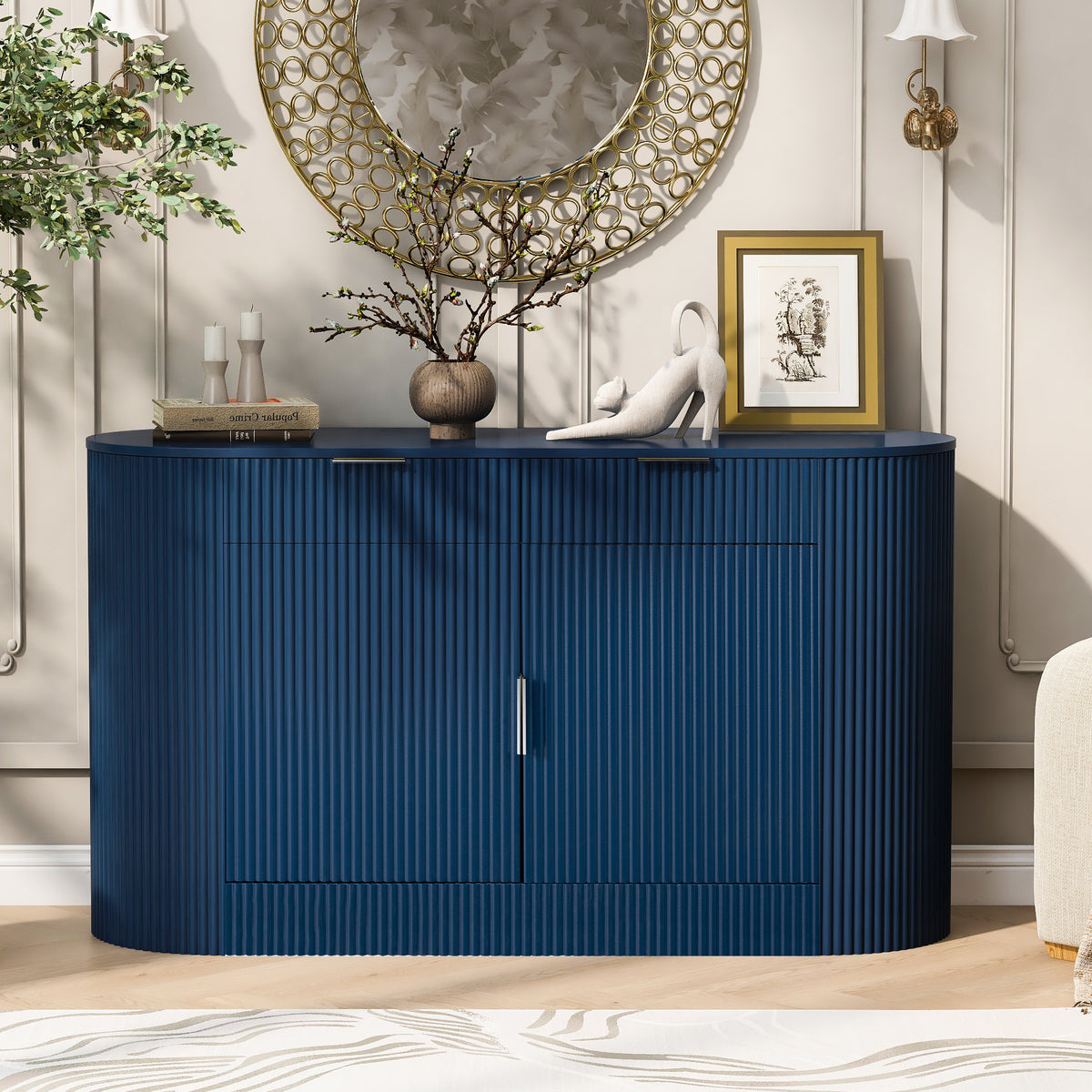 variant-group:rf-n711p345168v|Roomfitters 55.1" Oval Sideboard Buffet Cabinet with 2 Drawers & Wine Rack, Mid-century Modern Fluted Accent for Dining, Blue