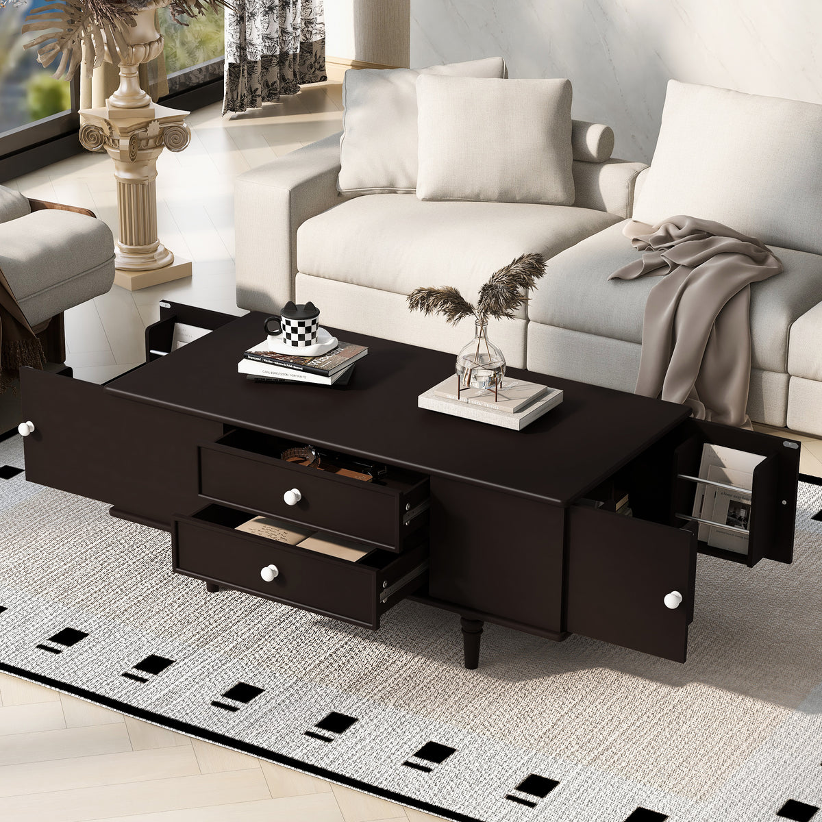 variant-group:rf-n724p286418d|Roomfitters Modern Rectangle Coffee Table with 4 Drawers and Hidden Side Storage, Solid Wood Legs, Brown