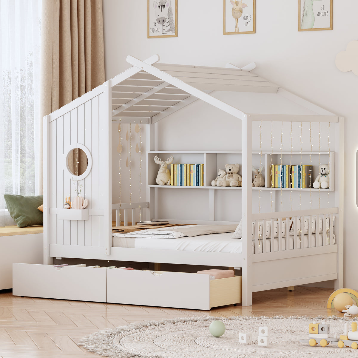 variant-group:rf-n733s308487k|Roomfitters Wooden Full Size House Bed with 2 Drawers and Storage Shelf, White