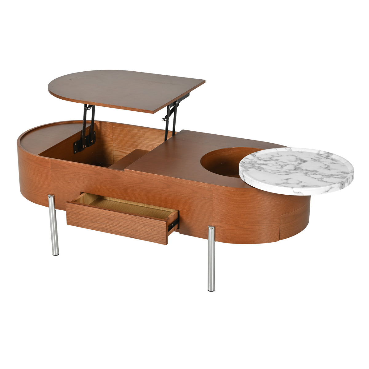 variant-group:rf-n724p228920d|Roomfitters Lift Top Oval Coffee Table with Rotating Marble Tray and Hidden Compartment, Brown
