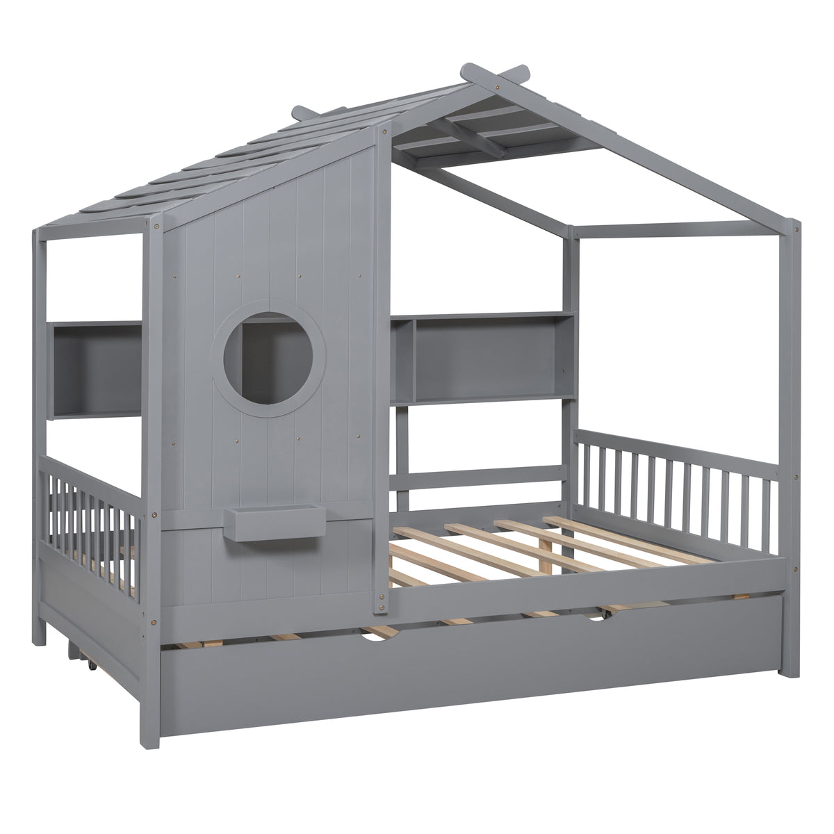 variant-group:rf-n733s316125e|Roomfitters Wooden Full Size House Bed with Trundle and Storage Shelf, Gray