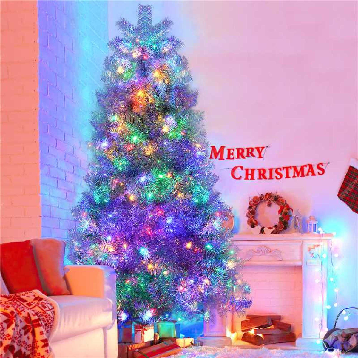 Roomfitters Pre-Lit Artificial Christmas Tree 7.4FT, Full Hinged Holiday Tree with Metal Stand, Warm Lights, 1200 Tips, Silver Roomfitters