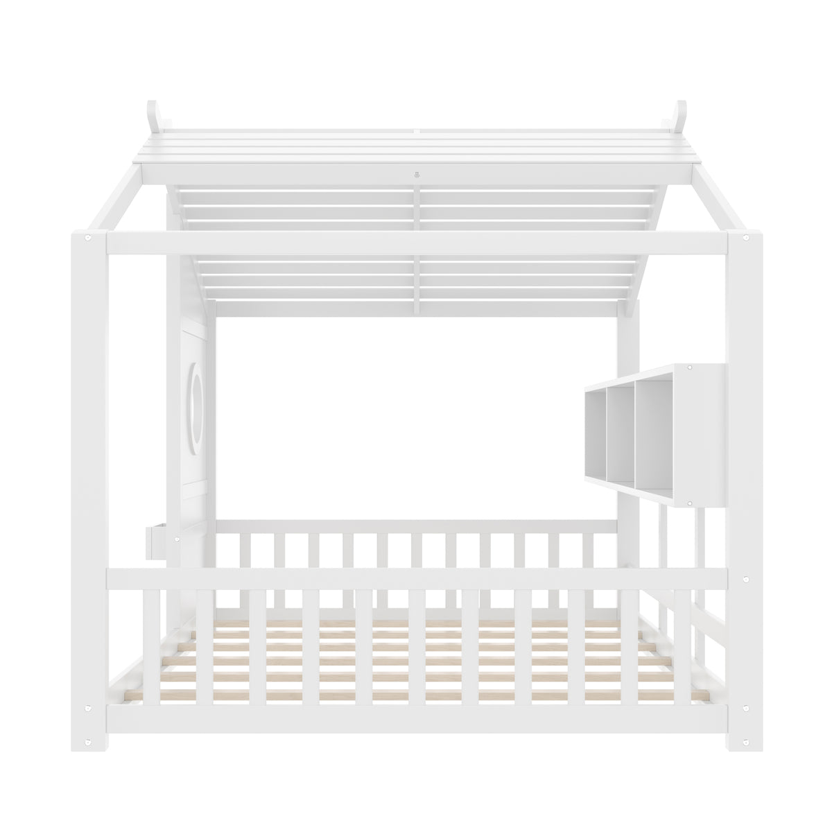 variant-group:rf-n733p335068k|Roomfitters Full Size Floor House Bed with Storage Shelf and Roof Design, Montessori Playhouse Bed, White