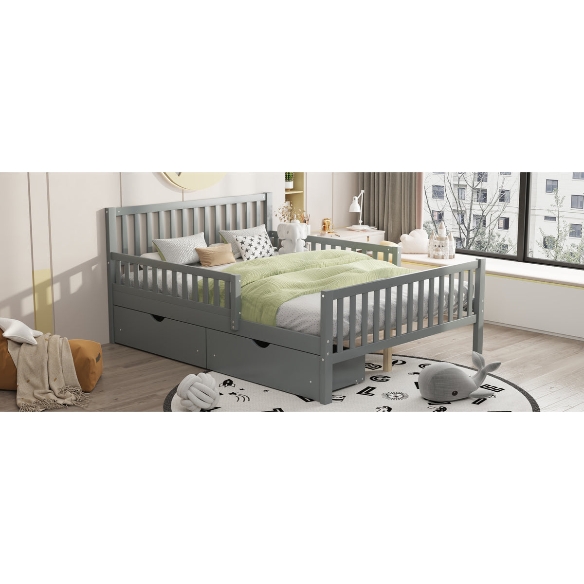 variant-group:rf-n733p172700e|Roomfitters Full Size Wood Platform Bed with Guardrails and Two Storage Cabinets, Grey