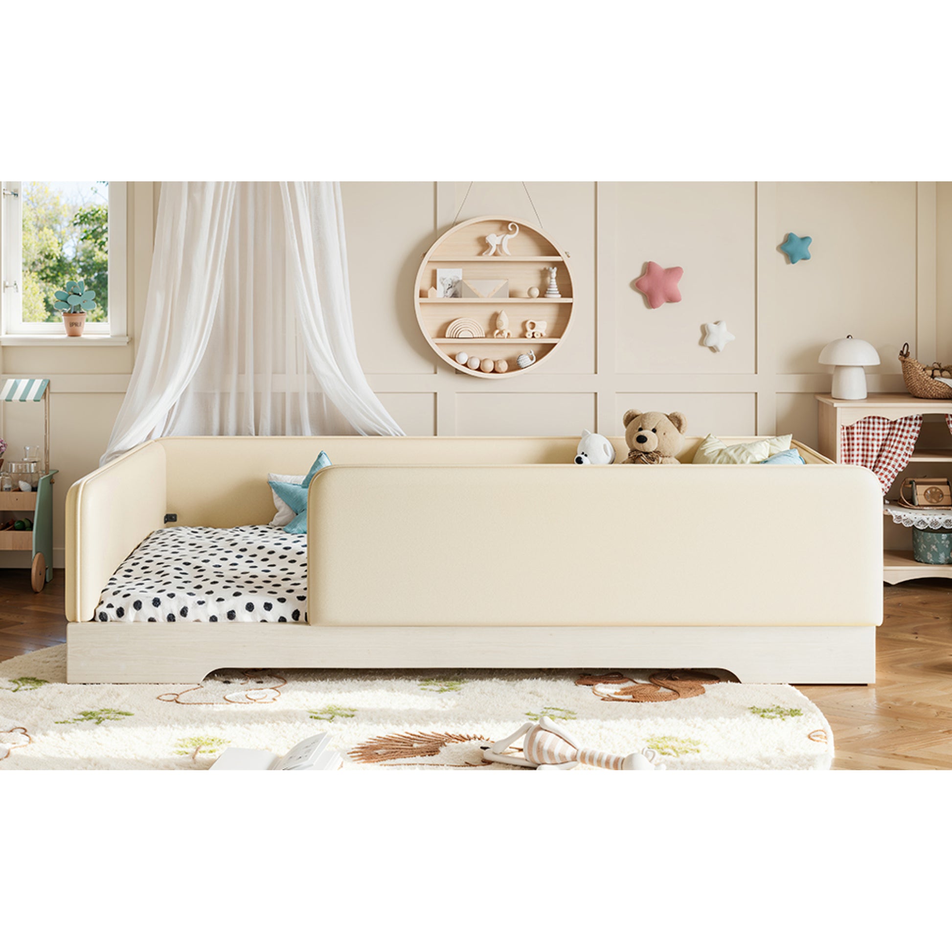 variant-group:rf-w1580p493129|Roomfitters Twin Size Upholstered Floor Bed Frame with Removable Guardrails, Faux Leather Low Profile Platform, Beige