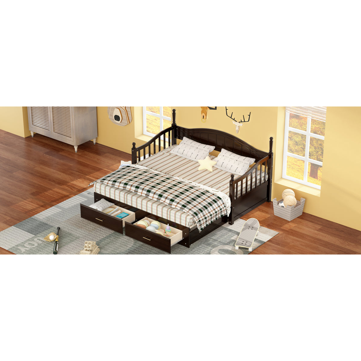variant-group:rf-n733s173459p|Roomfitters Wooden Twin Size Daybed with Expandable Design, Twin Trundle and Two Practical Storage Drawers, Espresso