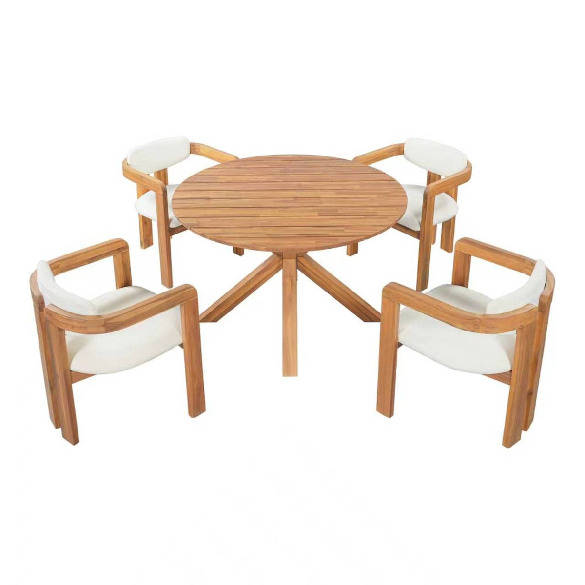 variant-group:rf-n704g201258a|Roomfitters 5-Piece Outdoor Acacia Wood Round Dining Set with Ergonomic Barrel Armchairs Beige Cushions