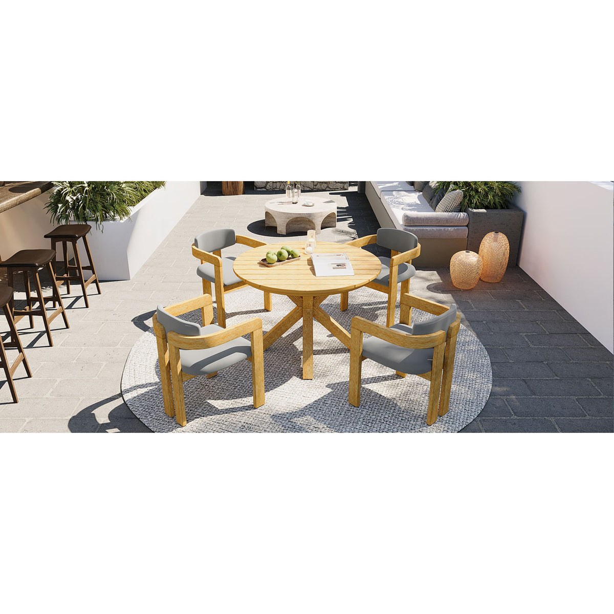 variant-group:rf-n704g201258l|Roomfitters 5-Piece Outdoor Acacia Wood Round Dining Set with Ergonomic Barrel Armchairs Gray Cushions