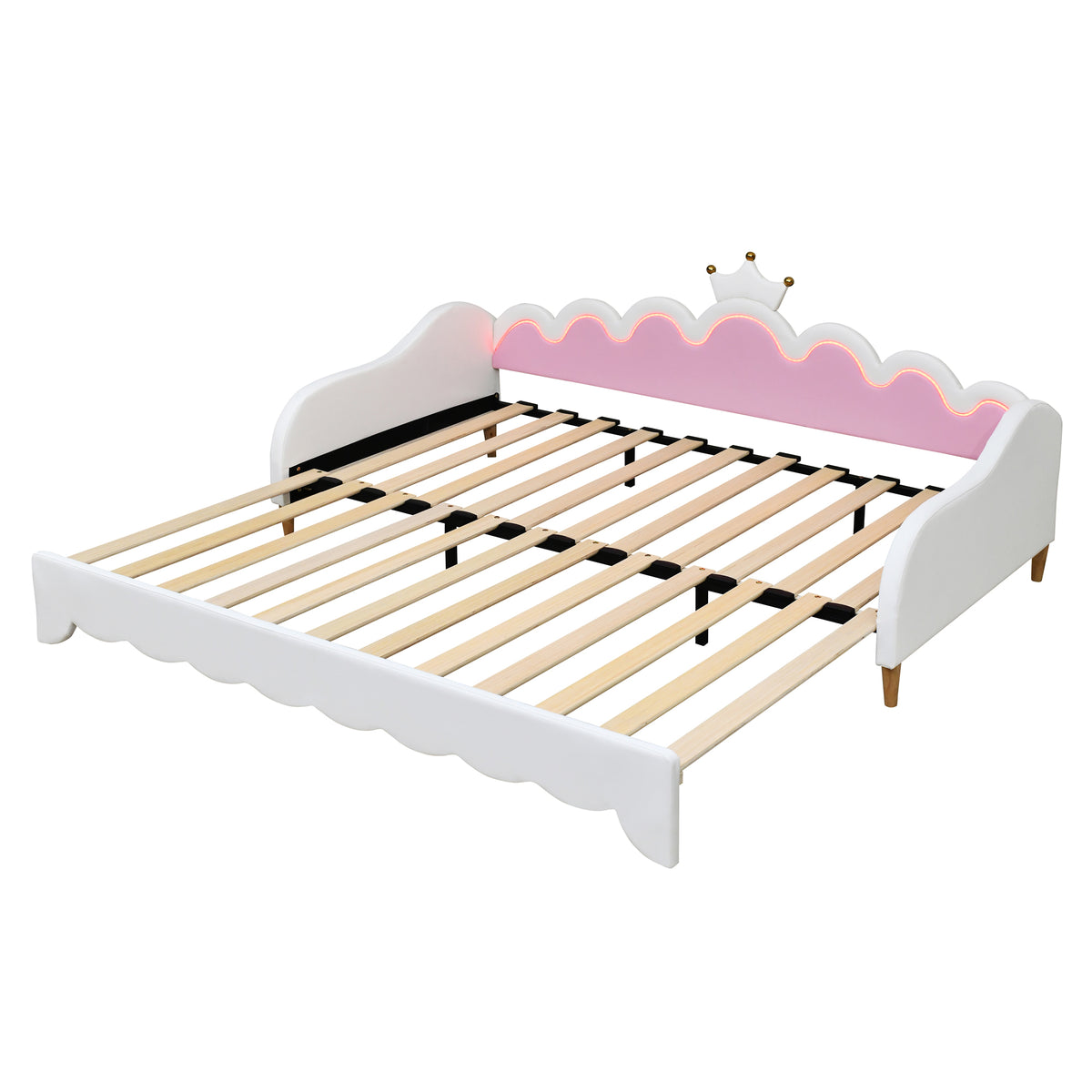 variant-group:rf-n733hl000104aak|Roomfitters Twin Extending Daybed with Lights, Modern Upholstered Princess Daybed with Crown Headboard, Sophisticated and Functional Design, White