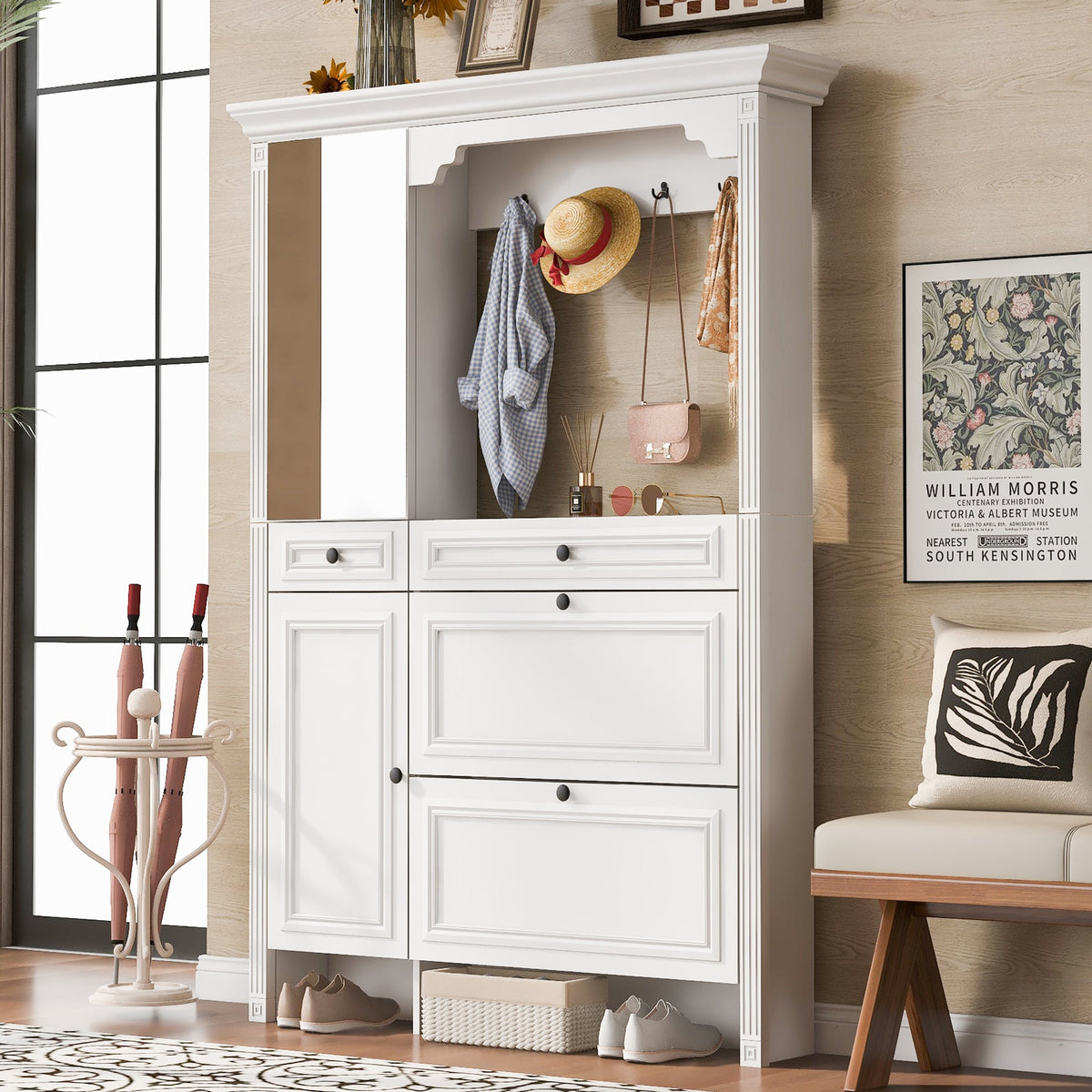 Roomfitters Hall Tree with Shoe Cabinet and Mirrored Door, 4 Hooks and Bench Storage Organizer, White Roomfitters