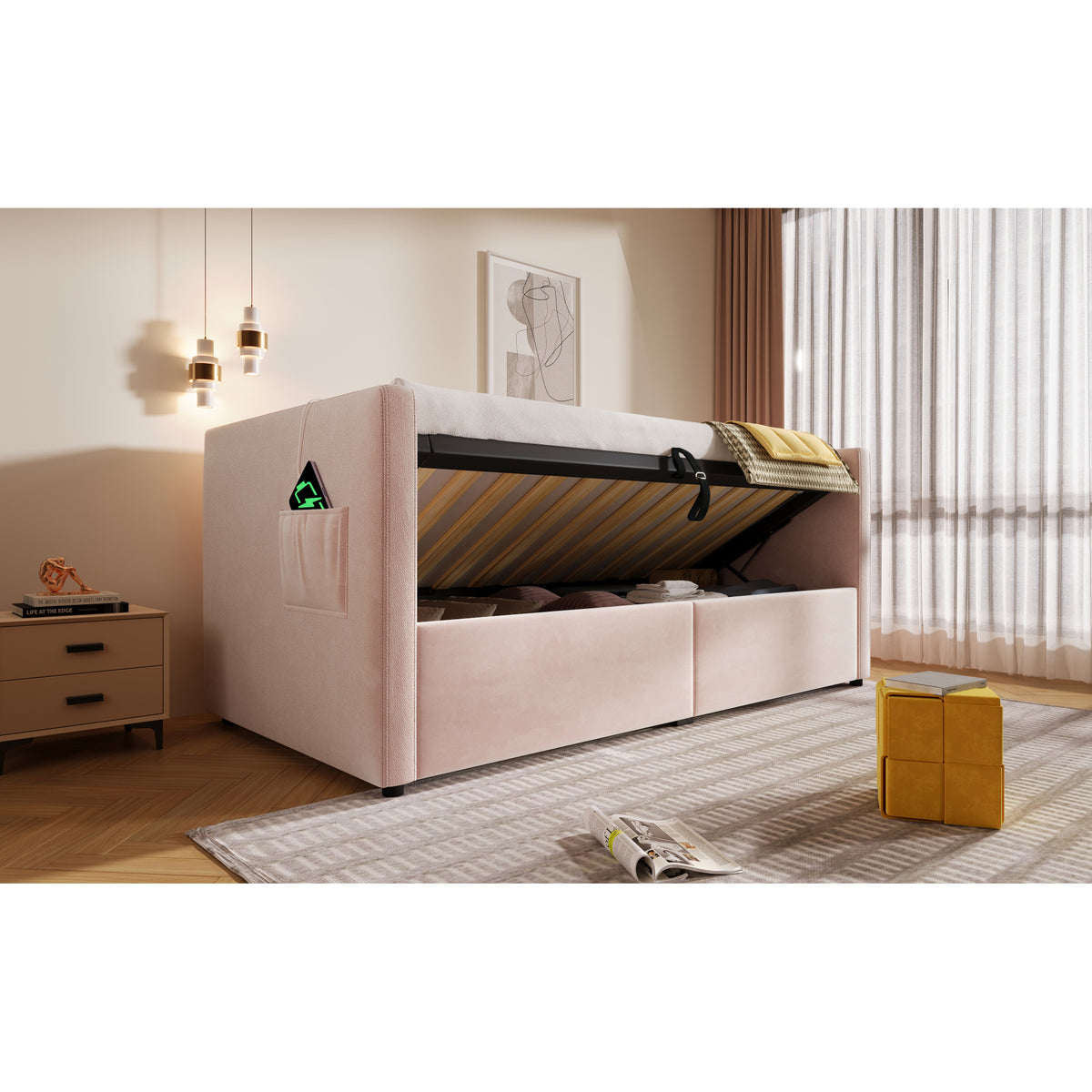 variant-group:rf-n736p303402p|Roomfitters Upholstered Twin Size Daybed with Storage, USB & Type-C Charging, Tufted Sofa Back, Velvet Pink