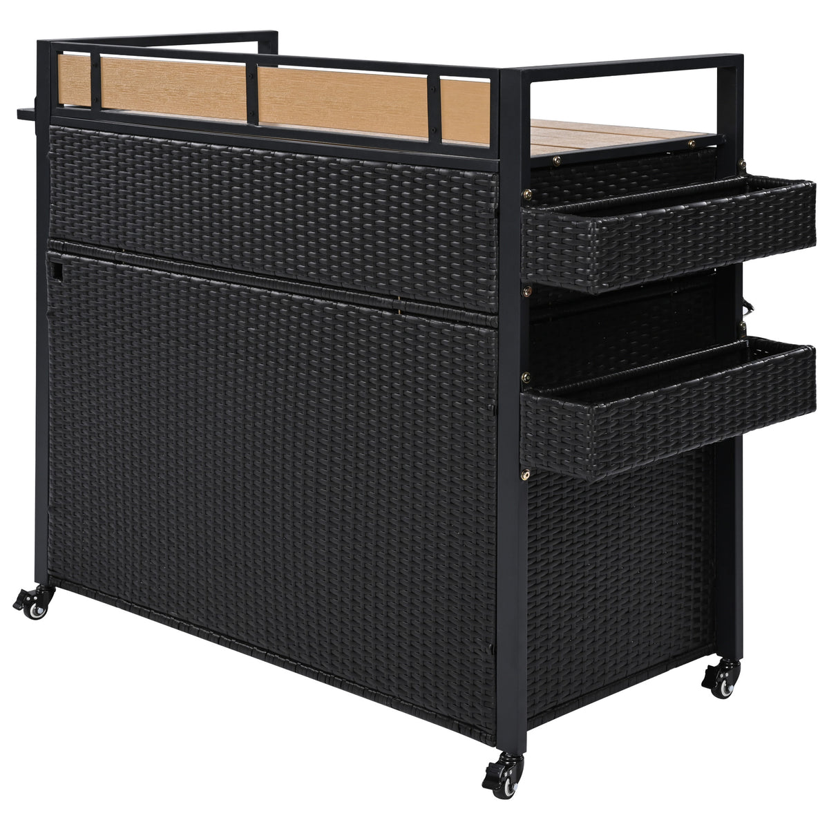 variant-group:rf-n707p233747b|Roomfitters 52.8" Wicker Outdoor Grill Cart with Plastic Wood Table, Rolling Island with Storage Cabinet, Double Handles, Black Brown