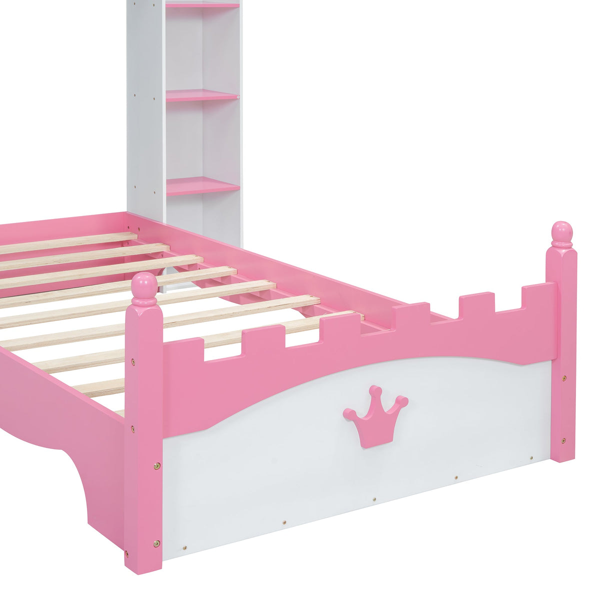Roomfitters Castle-Shaped Wooden Bed with Storage Shelf, Dreamy Twin Size Platform Bed with Charming Aesthetic, White+Pink