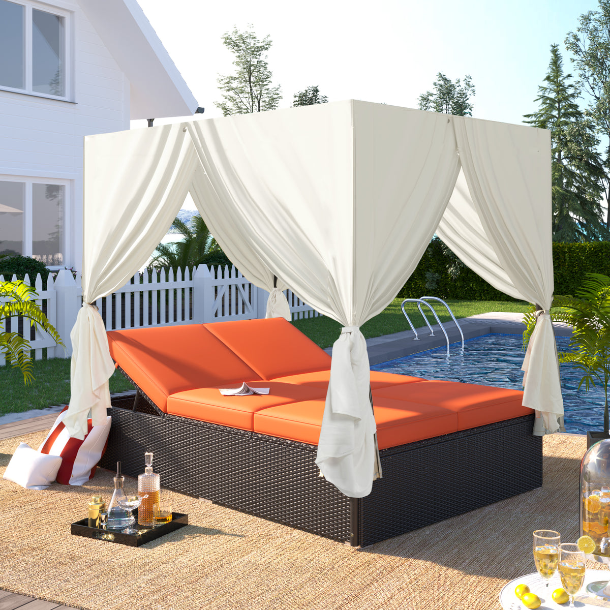 variant-group:rf-n711wy000476aao|Roomfitters Luxury Cabana Vibrant Orange Outdoor Double Chaise Lounge Patio Daybed, Curtains, Adjustable Reclining