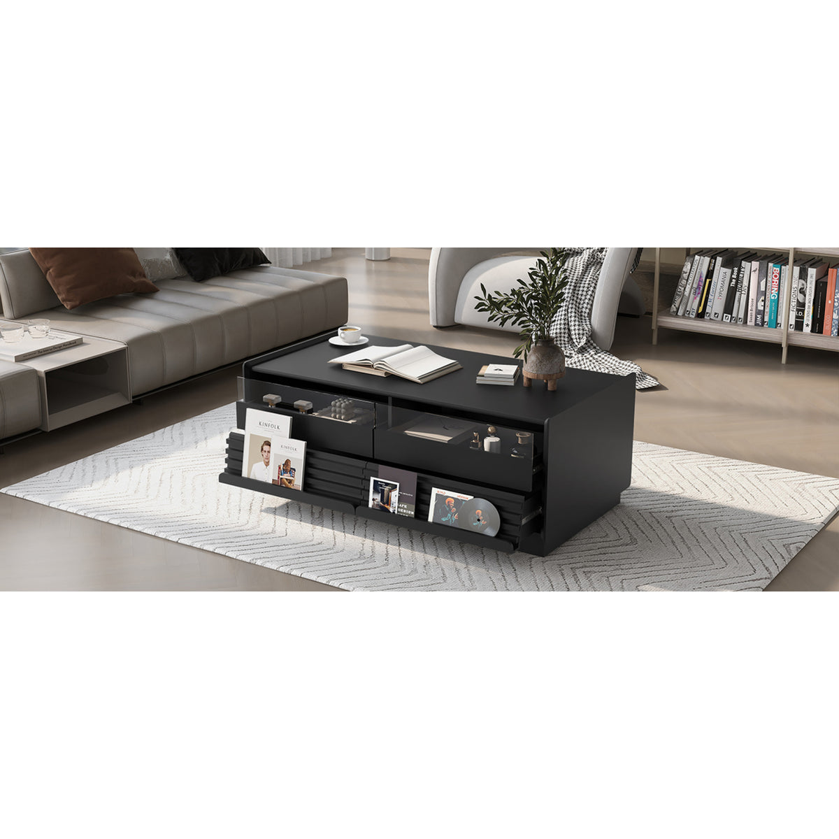 variant-group:rf-n724p286421b|Roomfitters Rectangle Coffee Table with Fluted Style, 4 Storage Compartments and Glass Display Shelves, Black
