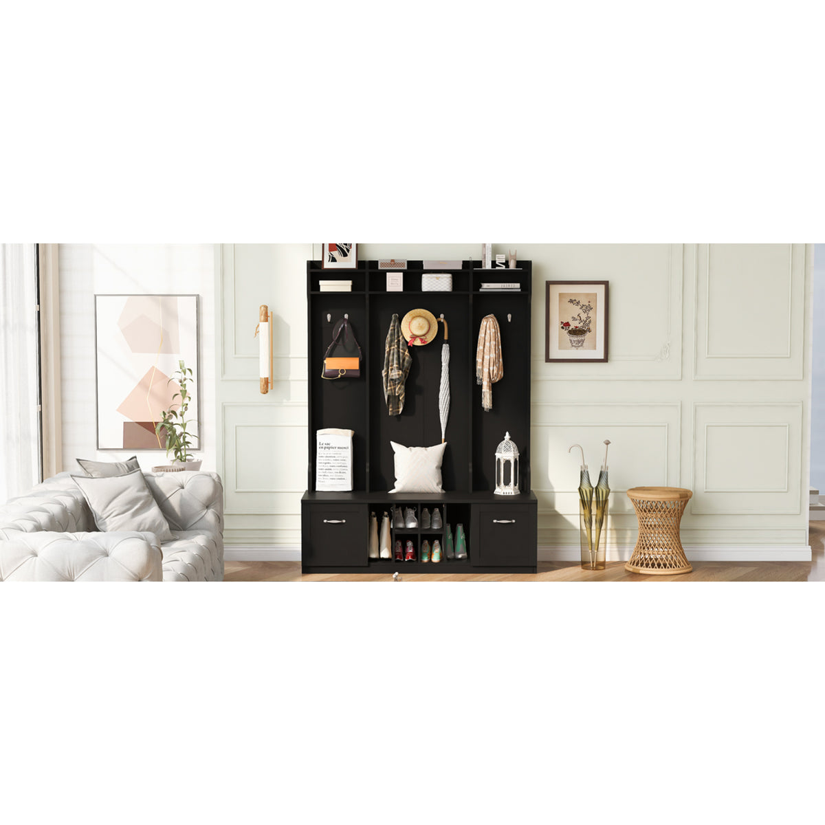 variant-group:rf-n724p235232b|Roomfitters 5-in-1 Entryway Bench with Coat Rack, Hooks, Drawers and Adjustable Shelves, Hall Tree for Hallway or Living Room, Black
