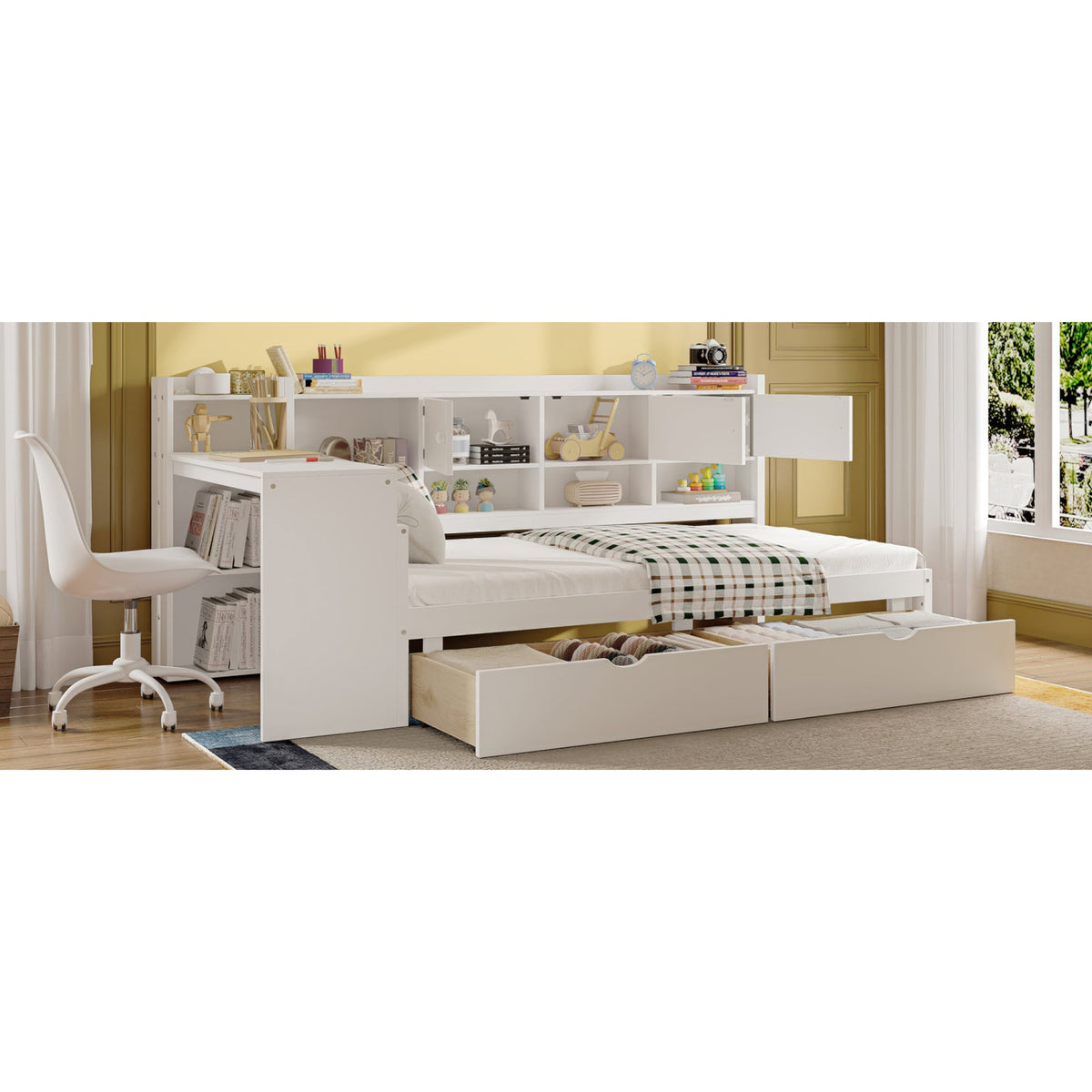 Roomfitters Wooden L-Shape Daybed with Storage Cabinets, Study Desk, Built-In Bookshelf, Space-Saving Platform Bed, White