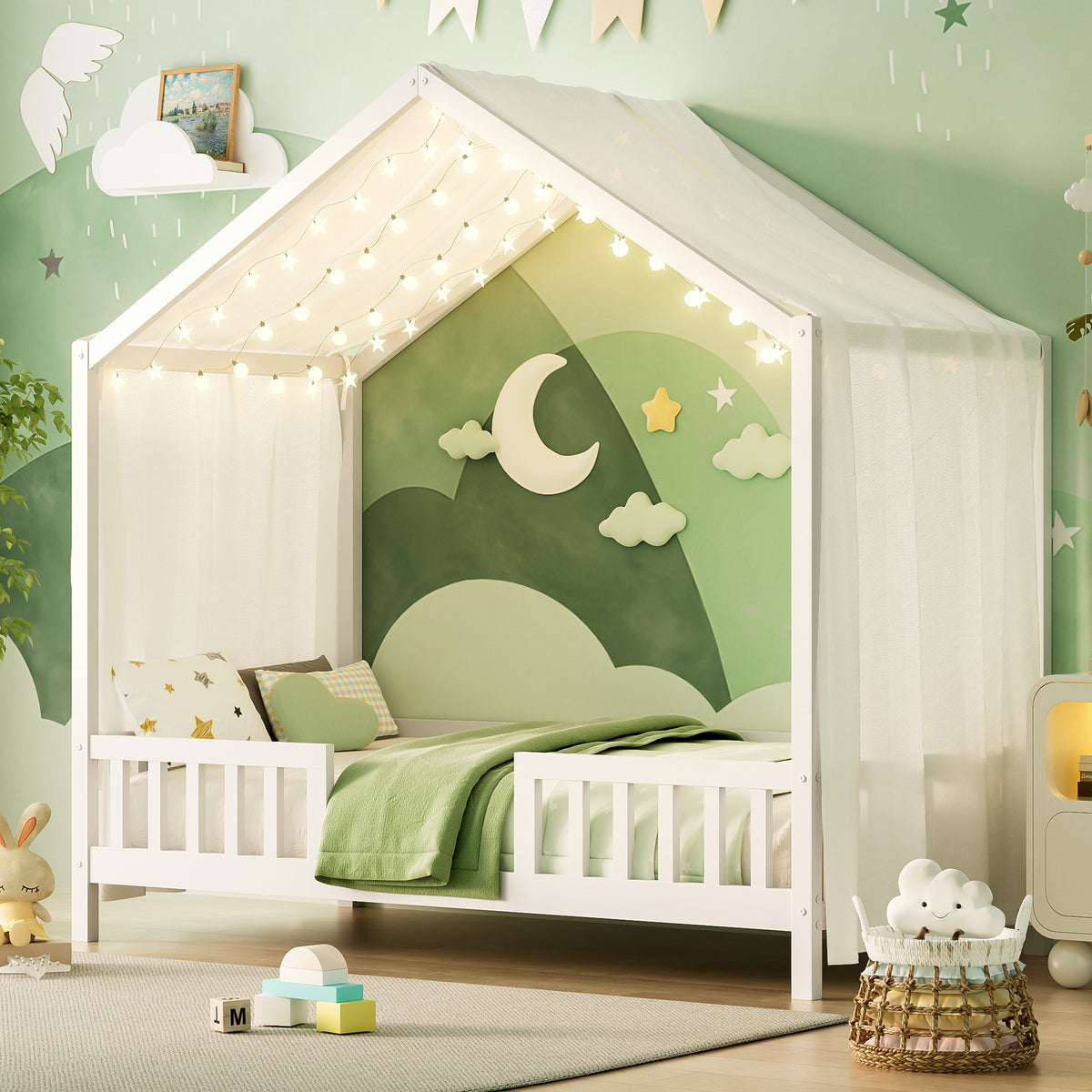 variant-group:rf-n733p356043k|Roomfitters Twin Montessori Floor Bed with Canopy, House Shape Wood Frame with Safety Rails, Youth Platform Bed, White
