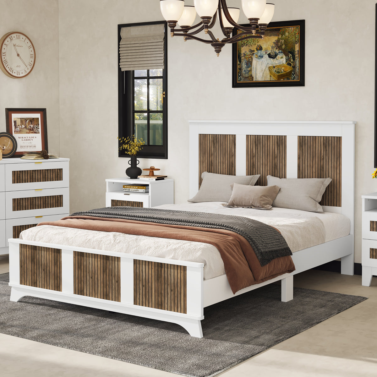 variant-group:rf-n733wf530906aak|Roomfitters Farmhouse Wooden Platform Queen Size Bed, Modern Platform Bed with Wooden Strip Decoration and Plywood Slats Support, White