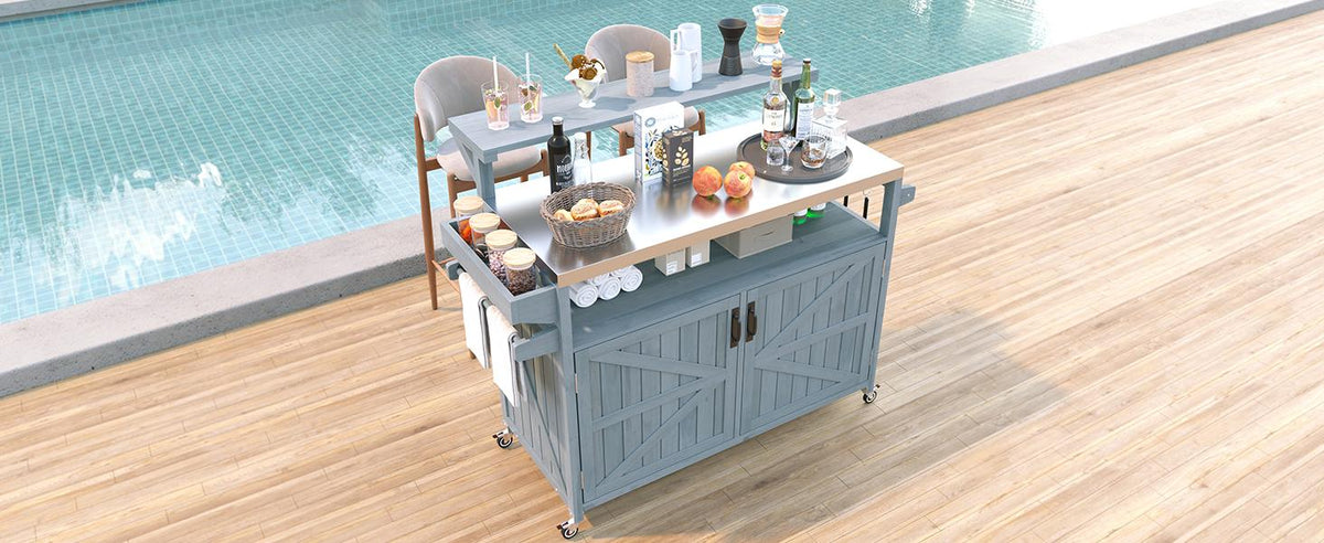 variant-group:rf-n707p250628g|Roomfitters 53.3" Outdoor Kitchen Island with Raised Shelf, Wood Storage Cabinet, Stainless Steel Top, Rolling Grill Cart, Grey Blue