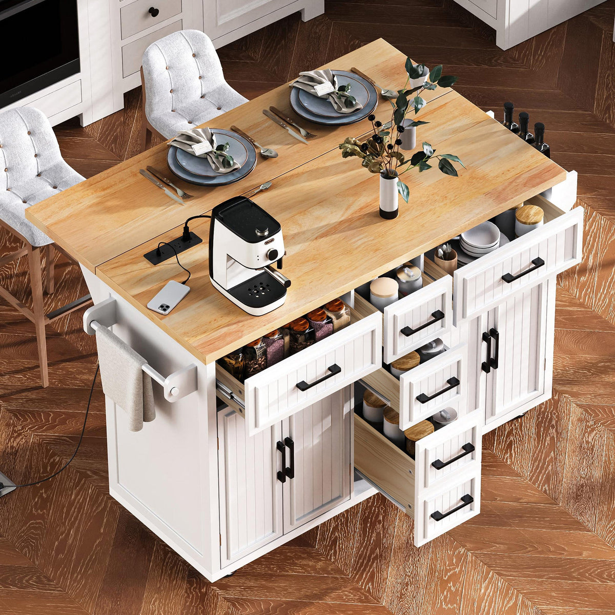 Roomfitters 56.5" Kitchen Island with Drop Leaf, Rolling Kitchen Cart with 5 Storage Drawers, Spice Rack & Towel Holder, White
