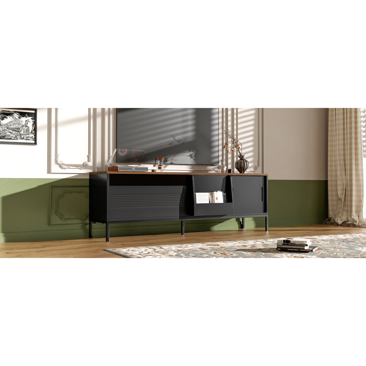 variant-group:rf-n724p360370b|Roomfitters Mid-Century Modern 70" TV Stand Console with Sliding Doors, Black