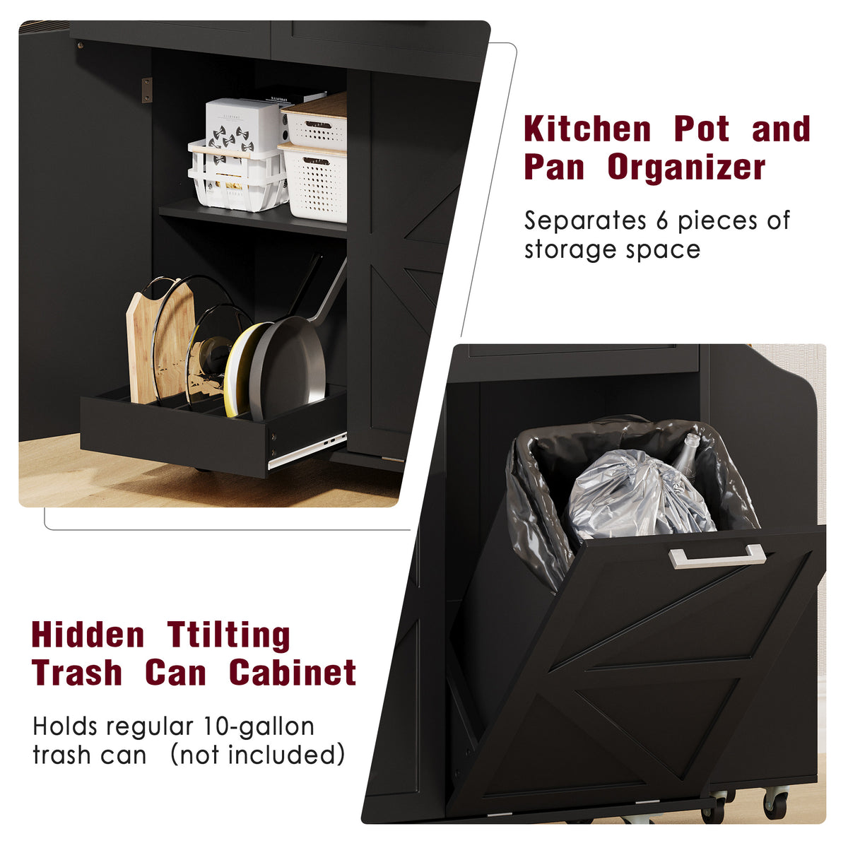 variant-group:rf-n707p307296b|Roomfitters 47.2" Farmhouse Kitchen Island with Drop Leaf, Tilt Trash Can Cabinet, Removable Mobile Side Racks, Black