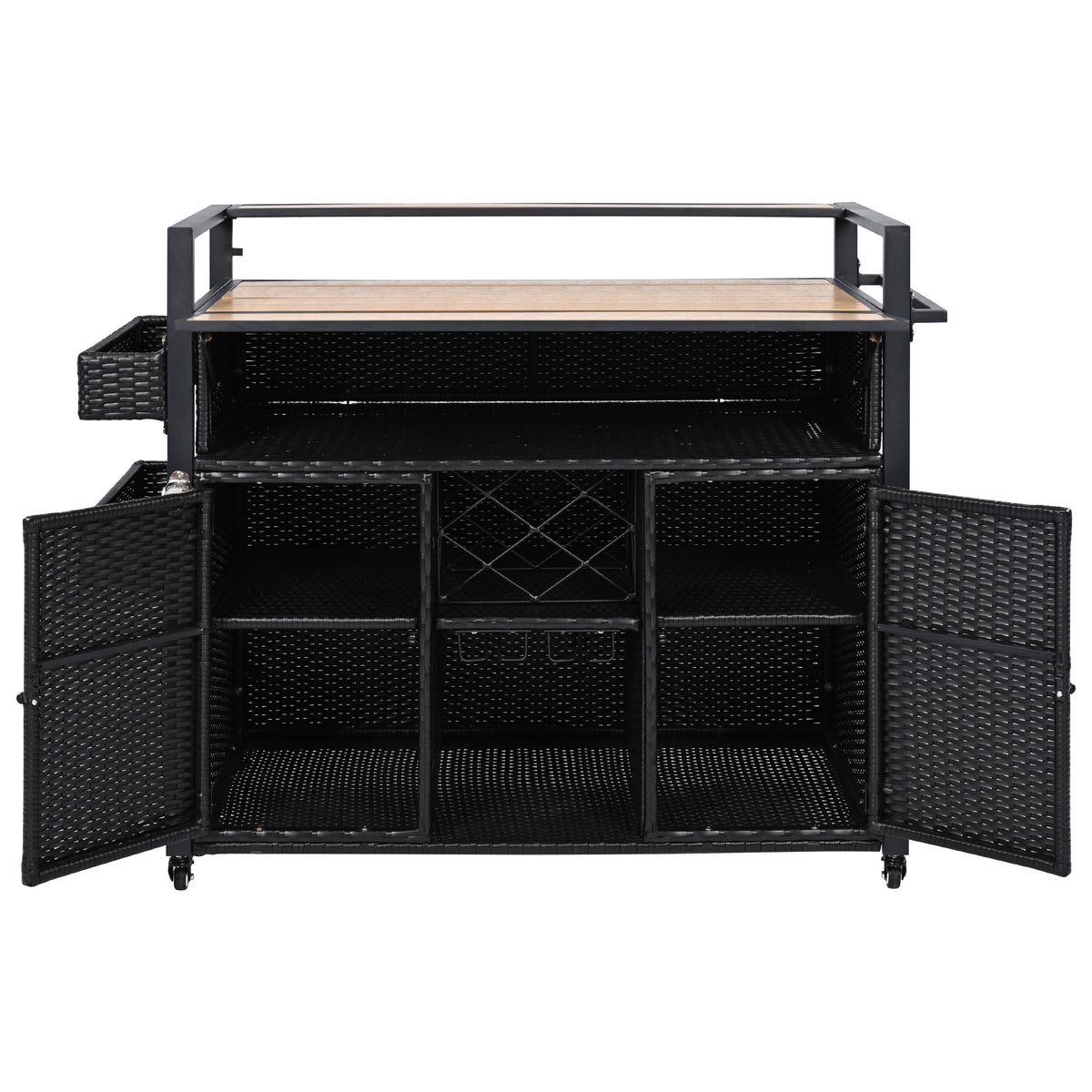 variant-group:rf-n707p233747b|Roomfitters 52.8" Wicker Outdoor Grill Cart with Plastic Wood Table, Rolling Island with Storage Cabinet, Double Handles, Black Brown