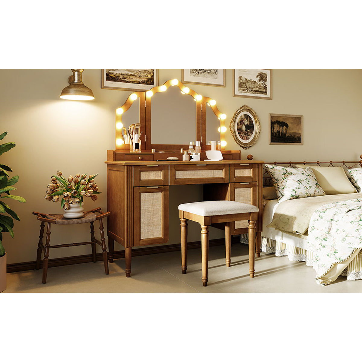 variant-group:rf-n704p342558p|Roomfitters 44-Inch Bohemian Makeup Vanity Desk with 13 Hollywood Bulbs Tri-Fold Mirror and Bamboo Drawers Espresso