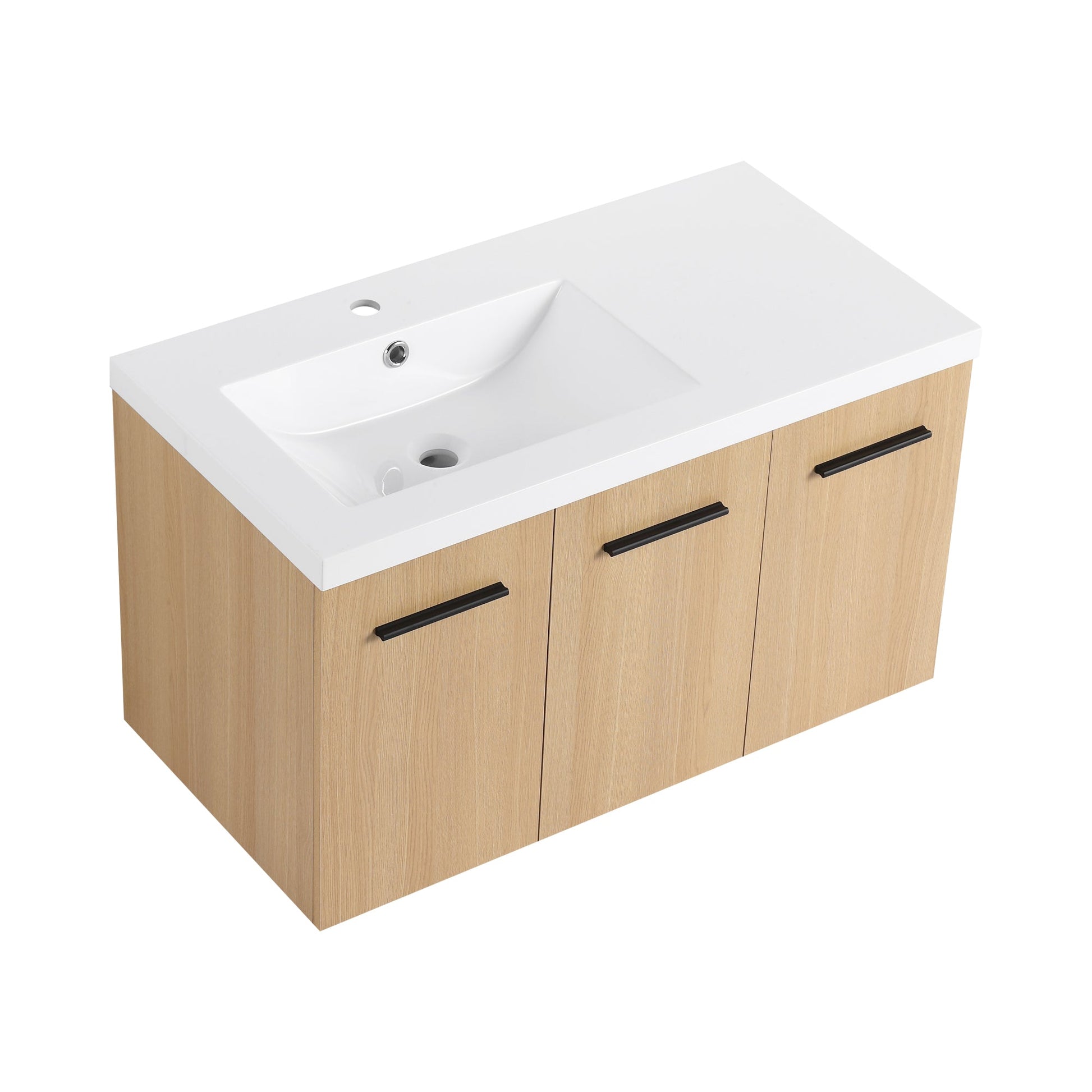 36" Wall-Mounted Floating Bathroom Vanity with Sink, Light Oak, 3-Door Modular Cabinet (2-Door + 1-Door), Gel Coat Integrated Sink Top, 3 Boxes, Ready-to-Assemble Roomfitters