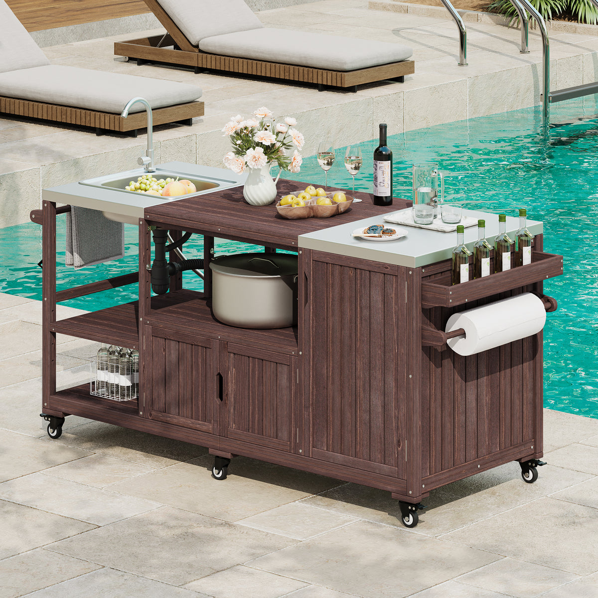 variant-group:rf-n707s000022z|Roomfitters 75.4" Outdoor Kitchen Island with Sink, Fir Wood Grill Cart for XL Green Egg & Tabletop Grills, Brown