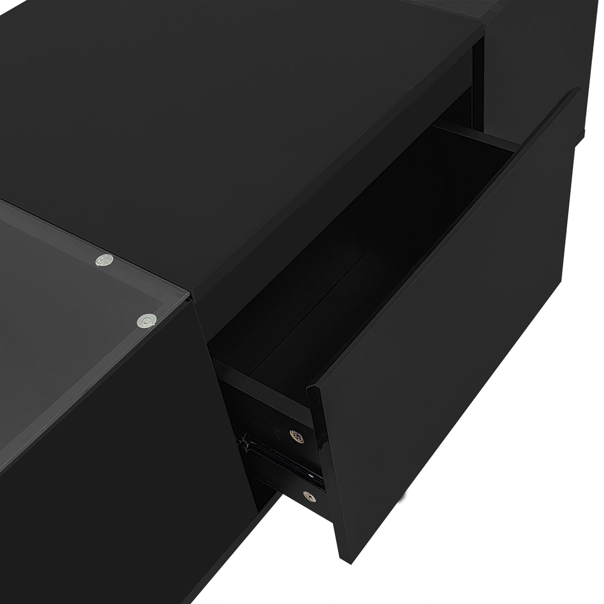 variant-group:rf-n724p290056b|Roomfitters Modern Center Coffee Table with High Gloss Finish, Glass Top and Hidden Storage Compartments, Black
