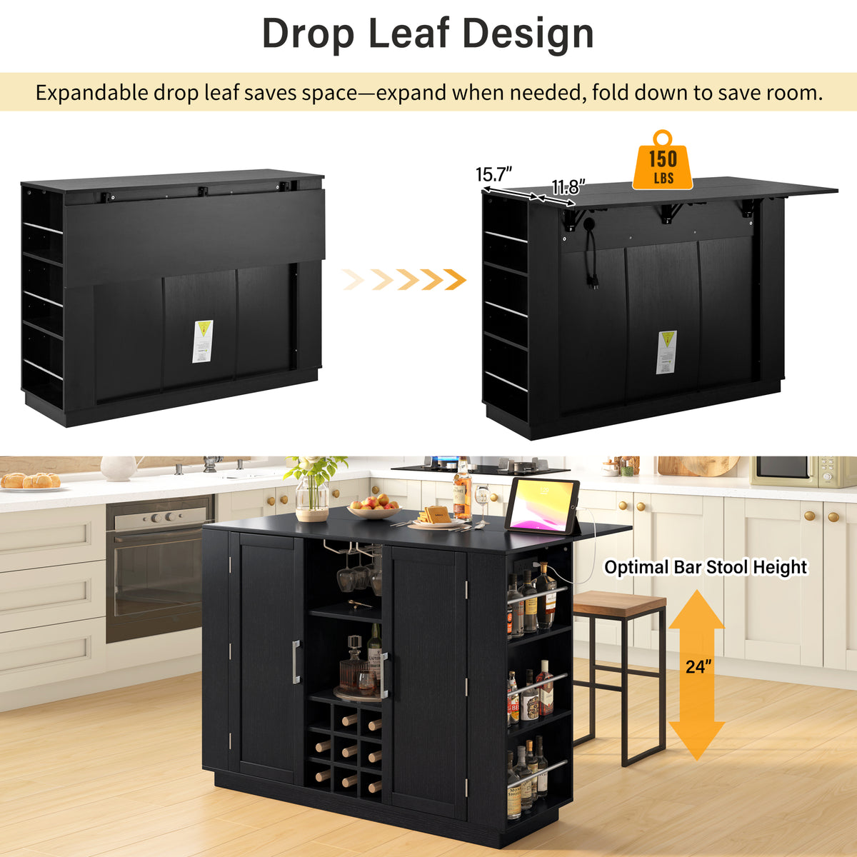 variant-group:rf-n711p437715b|Roomfitters 47.2-Inch Counter Height Bar Cabinet, Black Sideboard Buffet Table, Foldable Drop Leaf, Built-In Power