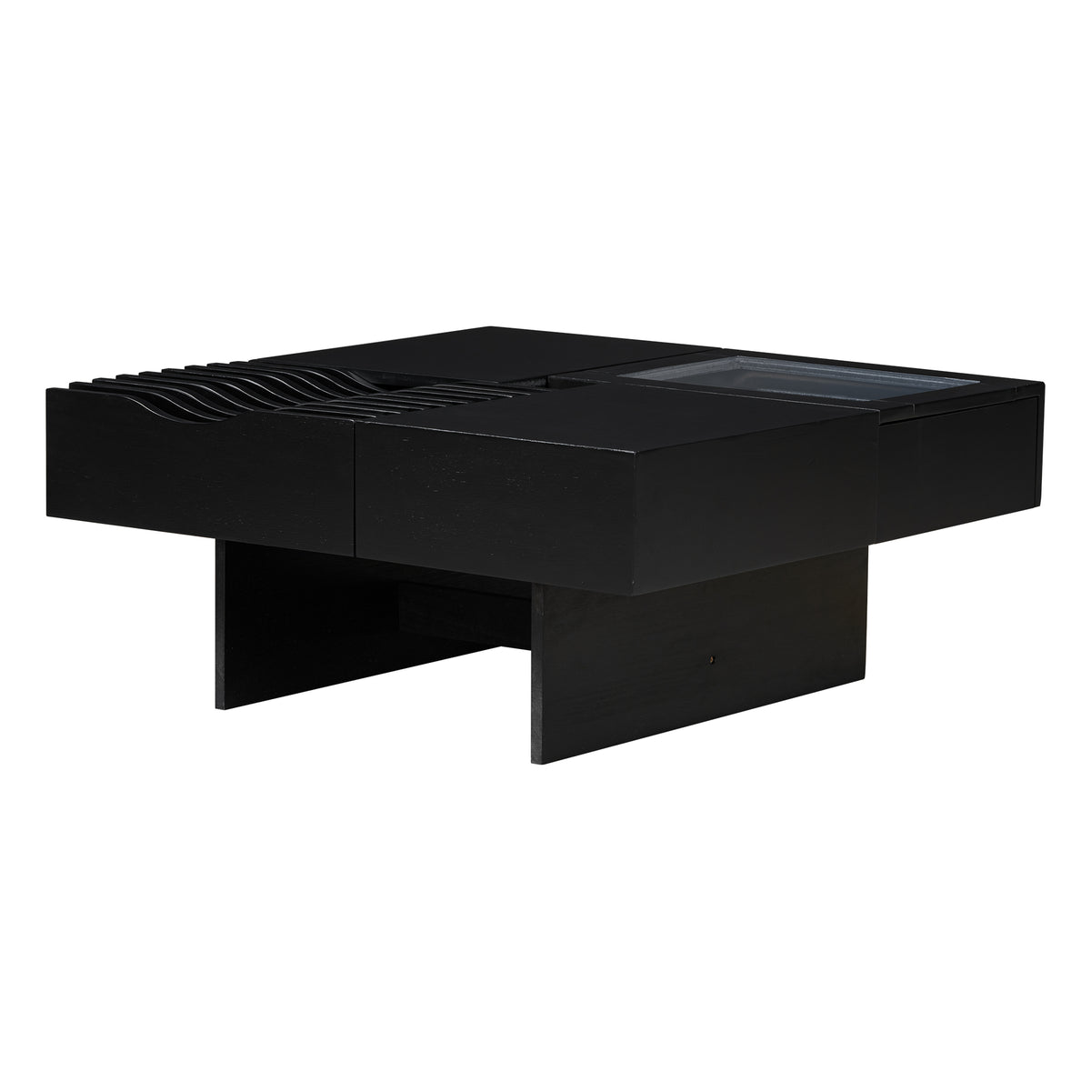 variant-group:rf-n724p270432b|Roomfitters Square Mid-Century Coffee Table with Glass Top and 3 Storage Compartments, Solid Wood Legs, Black