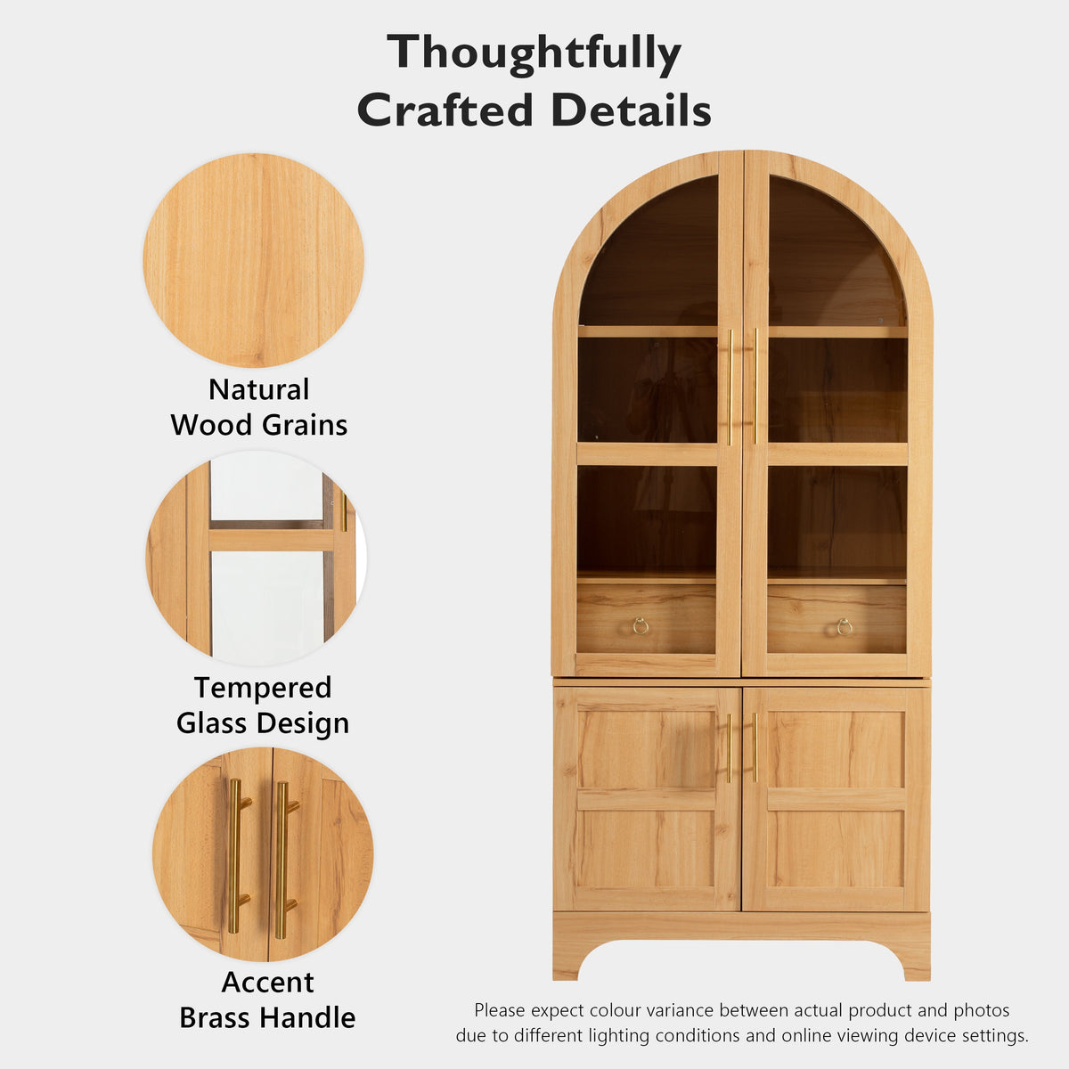 variant-group:rf-n707s288969y|Roomfitters 71" Pantry Cabinet with Arched Top & Glass Doors, 4-Door Storage Hutch with Adjustable Shelves for Kitchen, Natural