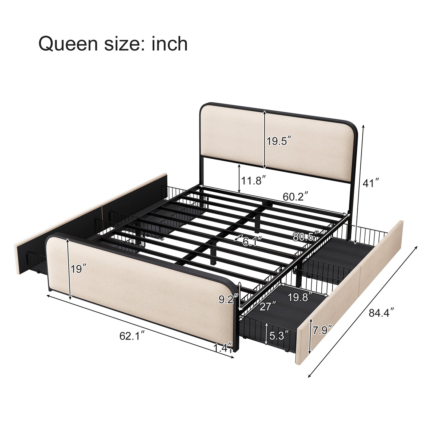 variant-group:rf-n701p229016b|Roomfitters Queen Size Metal Bed Frame, Curved Upholstered Headboard and Footboard, Built-In Storage Base, Heavy Duty Slats, Beige